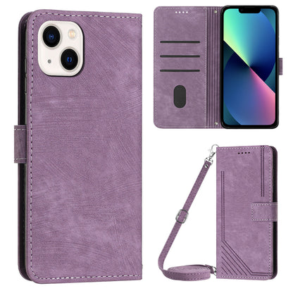 For iPhone 13 mini 5.4 inch PU Leather Flip Folio Case Lines Imprinted Stand Wallet Phone Cover