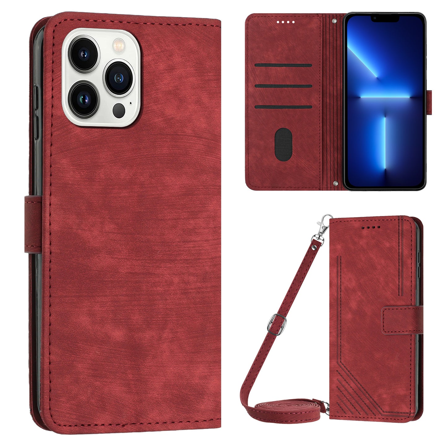 For iPhone 13 Pro 6.1 inch PU Leather Skin-touch Phone Case Lines Imprinted Wallet Stand Flip Cover