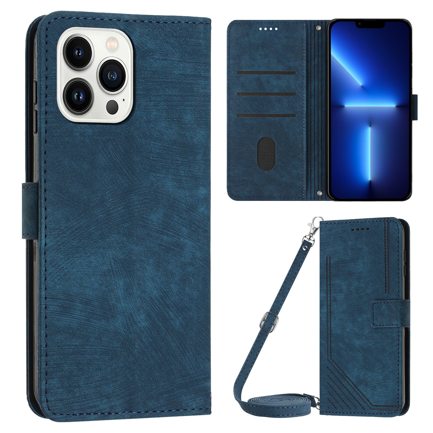 For iPhone 13 Pro 6.1 inch PU Leather Skin-touch Phone Case Lines Imprinted Wallet Stand Flip Cover