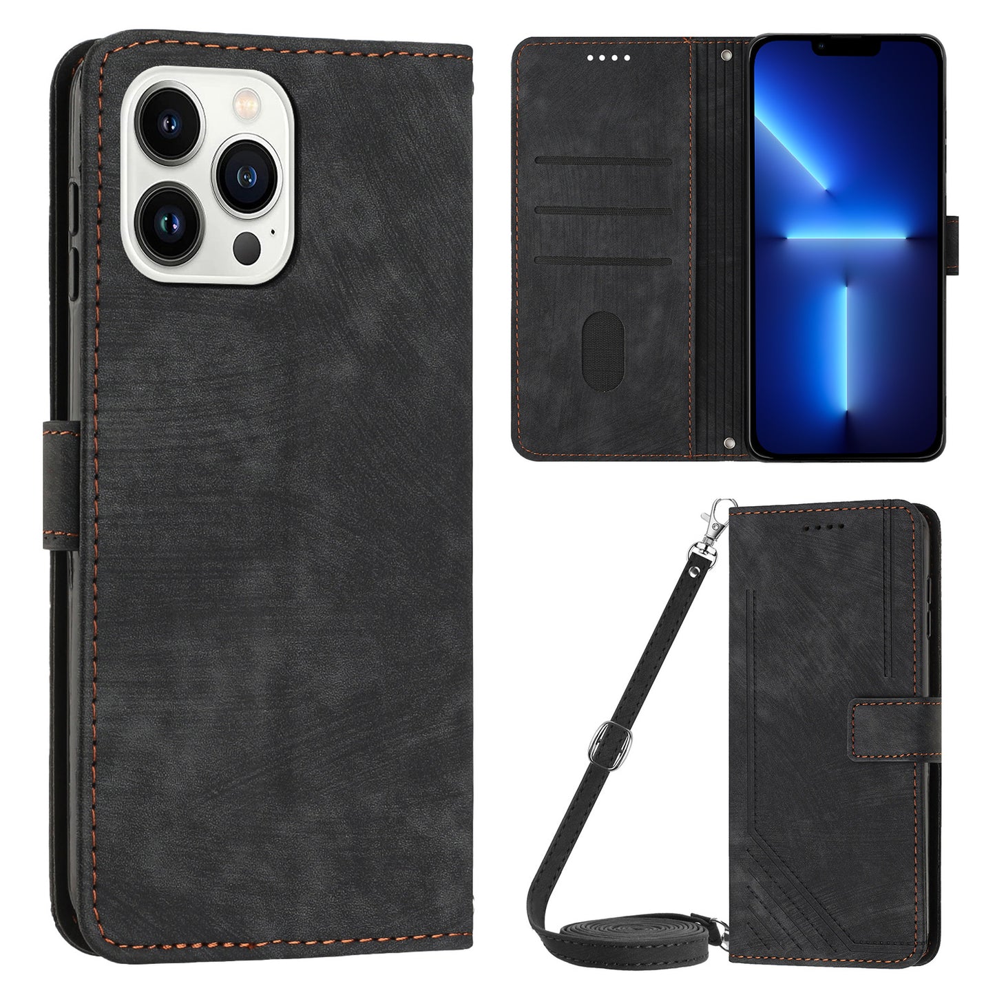For iPhone 13 Pro 6.1 inch PU Leather Skin-touch Phone Case Lines Imprinted Wallet Stand Flip Cover