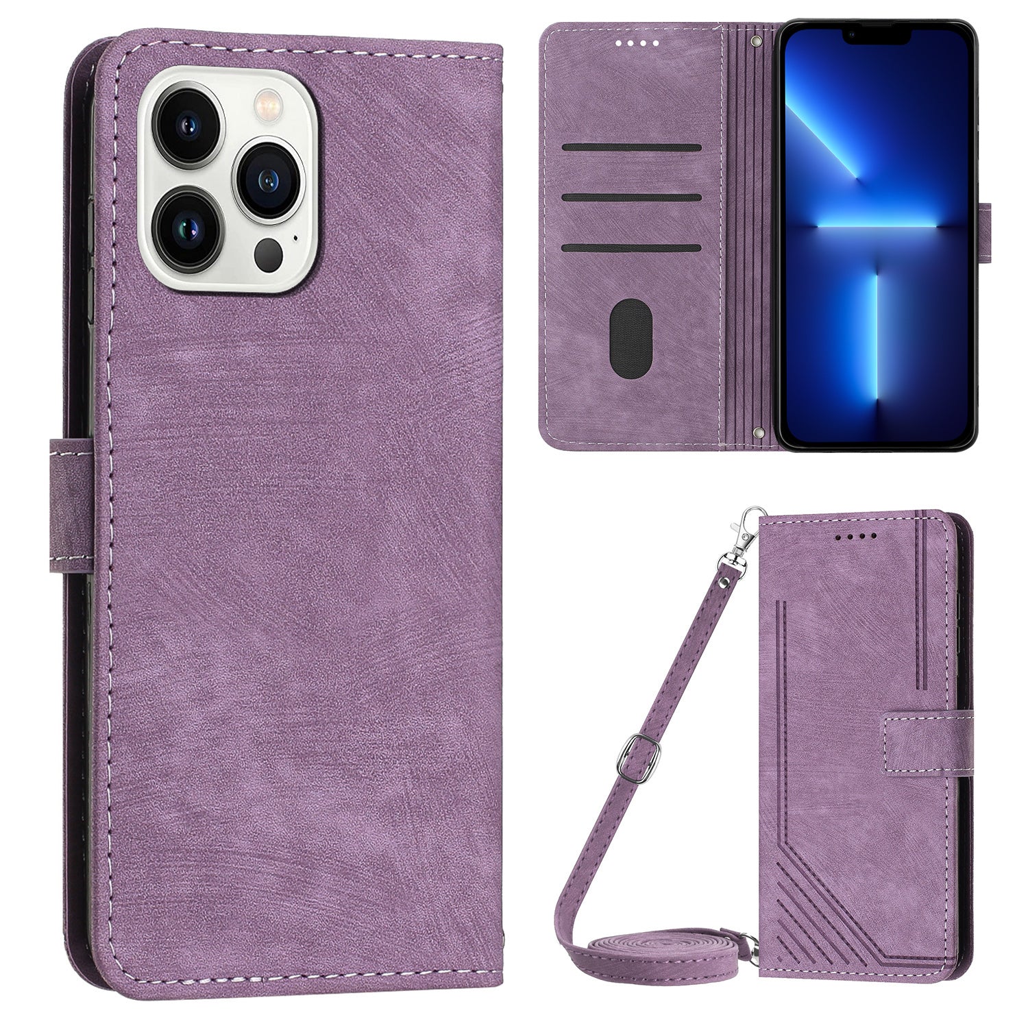 For iPhone 13 Pro 6.1 inch PU Leather Skin-touch Phone Case Lines Imprinted Wallet Stand Flip Cover