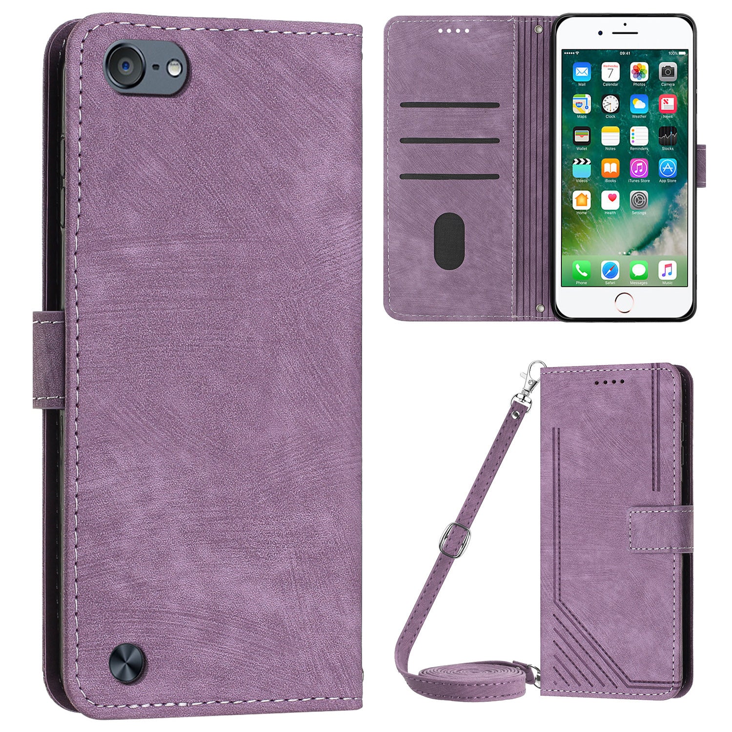 For iPod Touch (2019) / Touch 6 / Touch 5 Crossbody Wallet Case PU Leather Lines Imprinted Stand Phone Cover
