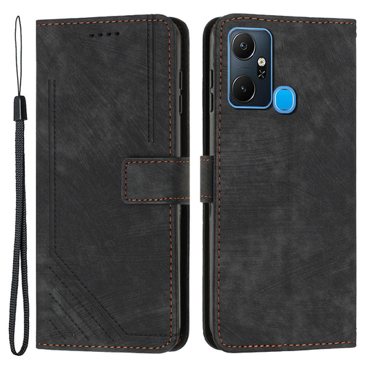 For Infinix Smart 6 Plus (India) 4G Leather Case Stand Wallet Lines Imprinted Skin-touch Phone Cover