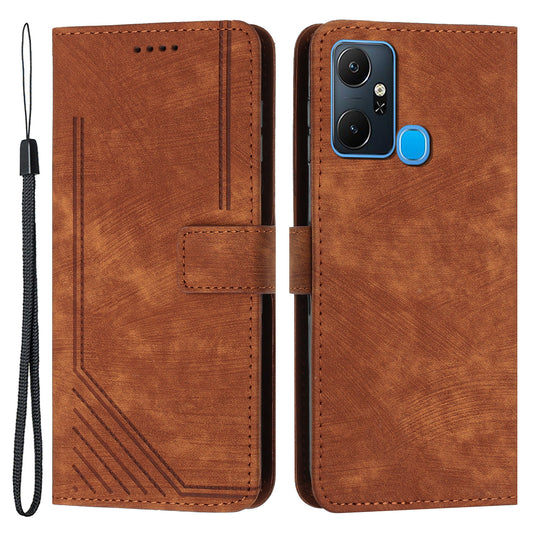 For Infinix Smart 6 Plus (India) 4G Leather Case Stand Wallet Lines Imprinted Skin-touch Phone Cover