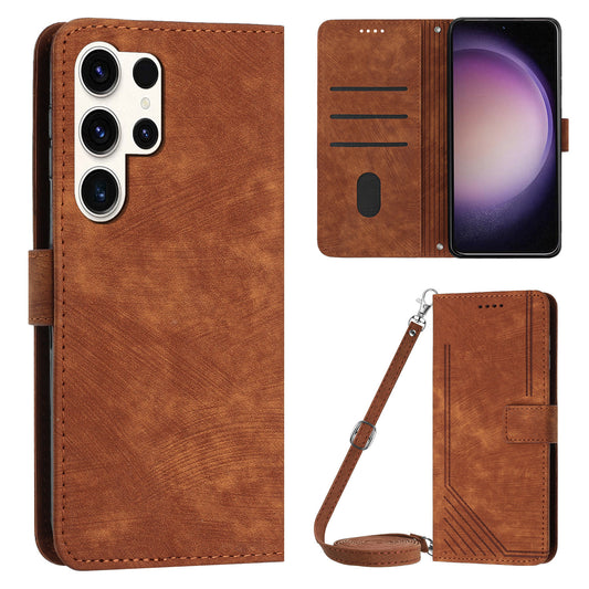 For Samsung Galaxy S23 Ultra Wallet Phone Case Crossbody PU Leather Stand Lines Imprinted Flip Cover