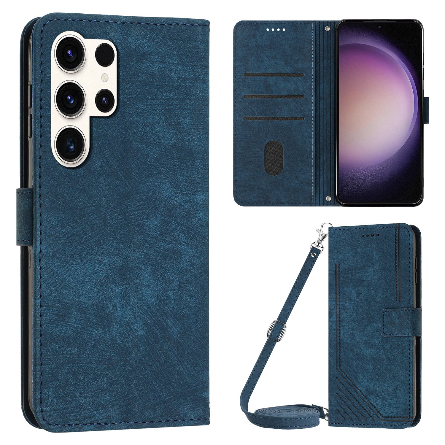 For Samsung Galaxy S23 Ultra Wallet Phone Case Crossbody PU Leather Stand Lines Imprinted Flip Cover