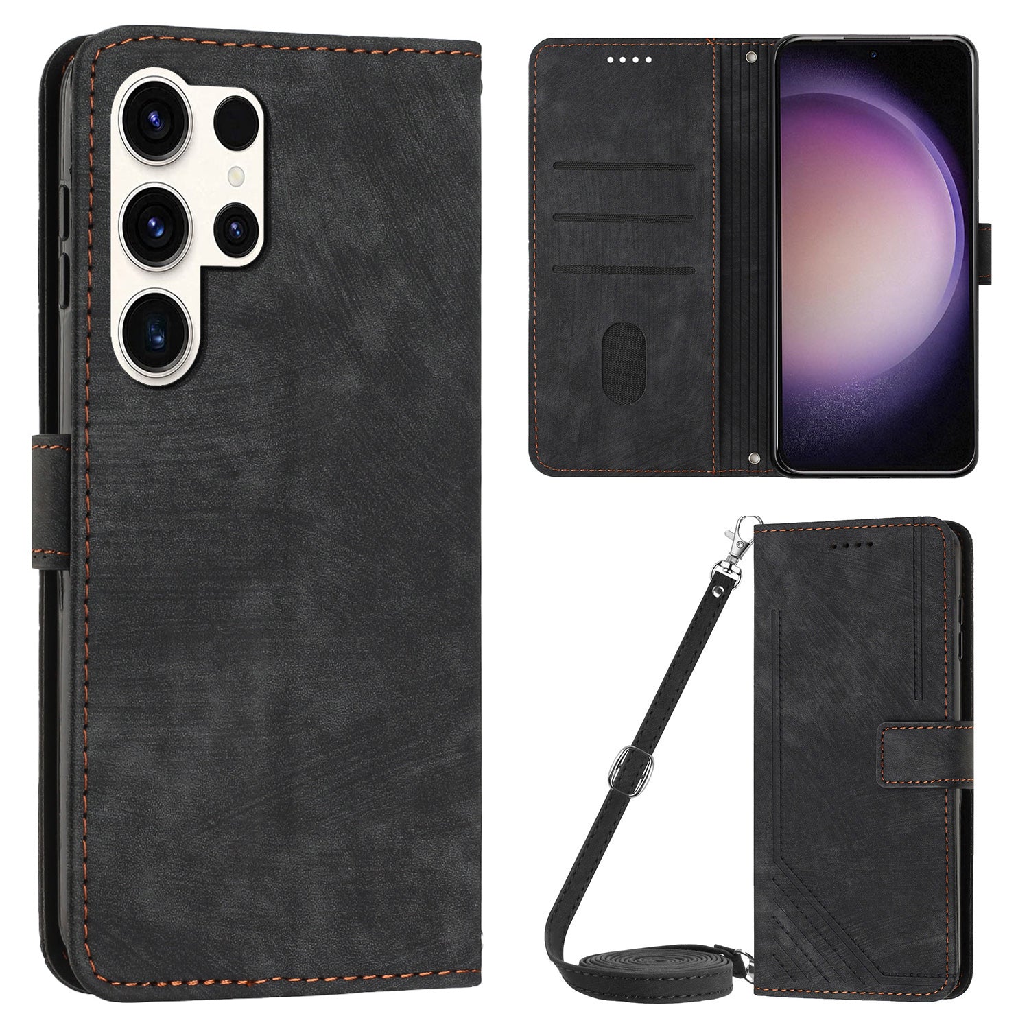 For Samsung Galaxy S23 Ultra Wallet Phone Case Crossbody PU Leather Stand Lines Imprinted Flip Cover