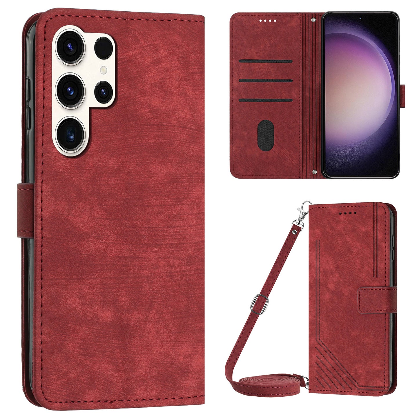 For Samsung Galaxy S23 Ultra Wallet Phone Case Crossbody PU Leather Stand Lines Imprinted Flip Cover