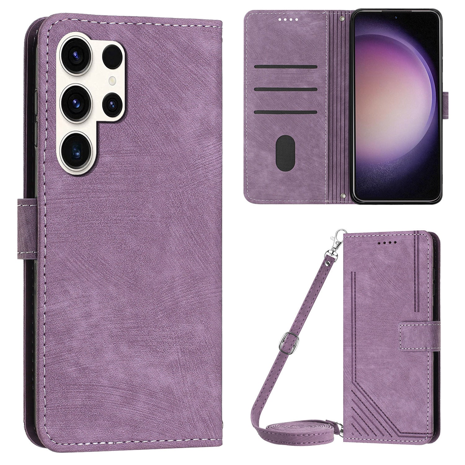 For Samsung Galaxy S23 Ultra Wallet Phone Case Crossbody PU Leather Stand Lines Imprinted Flip Cover