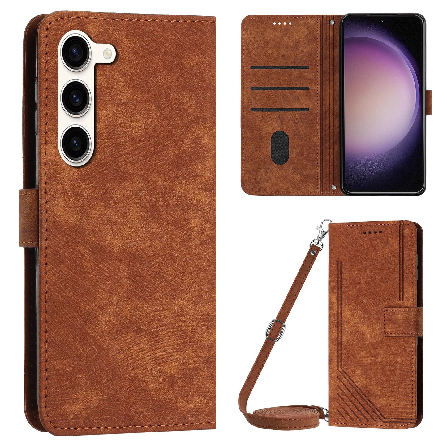 For Samsung Galaxy S23+ Wallet Case PU Leather Folio Flip Shell Lines Imprinted Stand Phone Cover