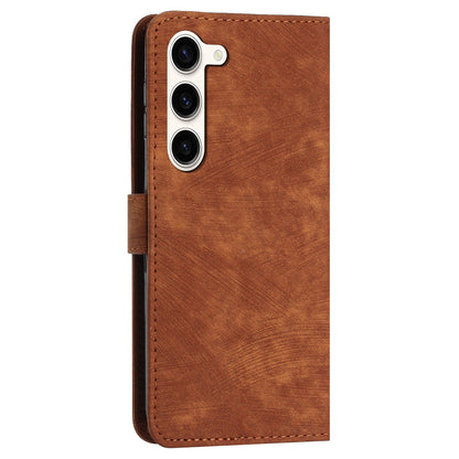 For Samsung Galaxy S23 PU Leather Wallet Folio Case Lines Imprinted Stand Phone Cover with Shoulder Strap