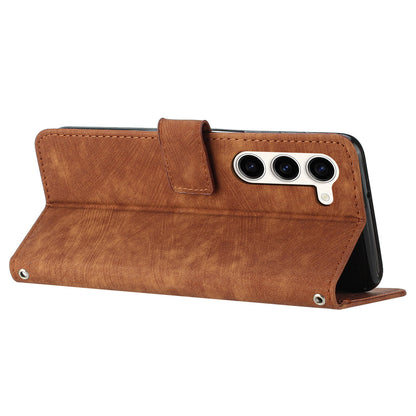 For Samsung Galaxy S23 PU Leather Wallet Folio Case Lines Imprinted Stand Phone Cover with Shoulder Strap