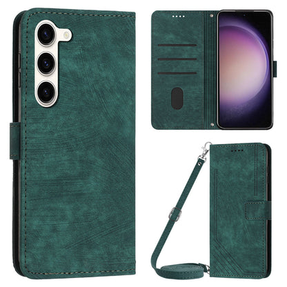 For Samsung Galaxy S23 PU Leather Wallet Folio Case Lines Imprinted Stand Phone Cover with Shoulder Strap