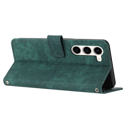 For Samsung Galaxy S23 PU Leather Wallet Folio Case Lines Imprinted Stand Phone Cover with Shoulder Strap