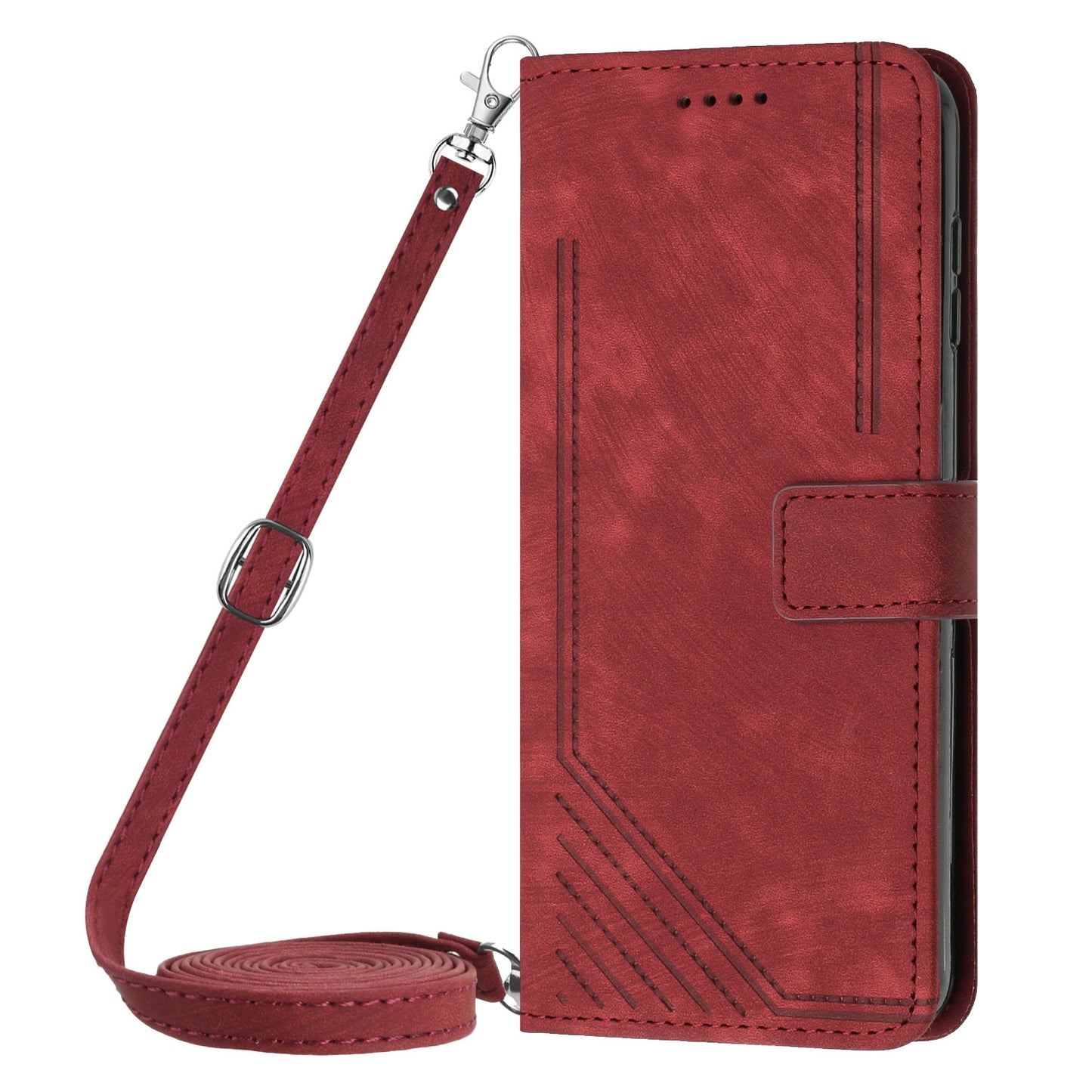 For Samsung Galaxy S23 PU Leather Wallet Folio Case Lines Imprinted Stand Phone Cover with Shoulder Strap