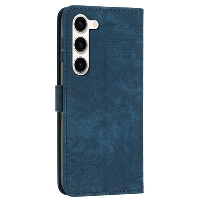 For Samsung Galaxy S23 PU Leather Wallet Folio Case Lines Imprinted Stand Phone Cover with Shoulder Strap