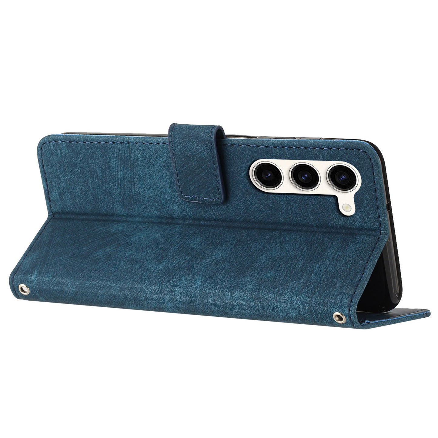 For Samsung Galaxy S23 PU Leather Wallet Folio Case Lines Imprinted Stand Phone Cover with Shoulder Strap