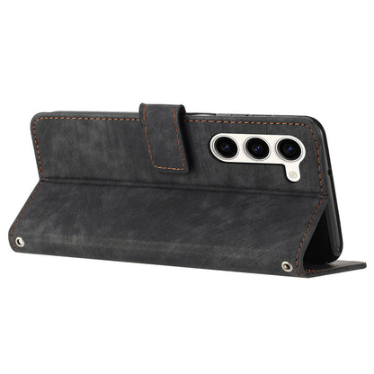 For Samsung Galaxy S23 PU Leather Wallet Folio Case Lines Imprinted Stand Phone Cover with Shoulder Strap