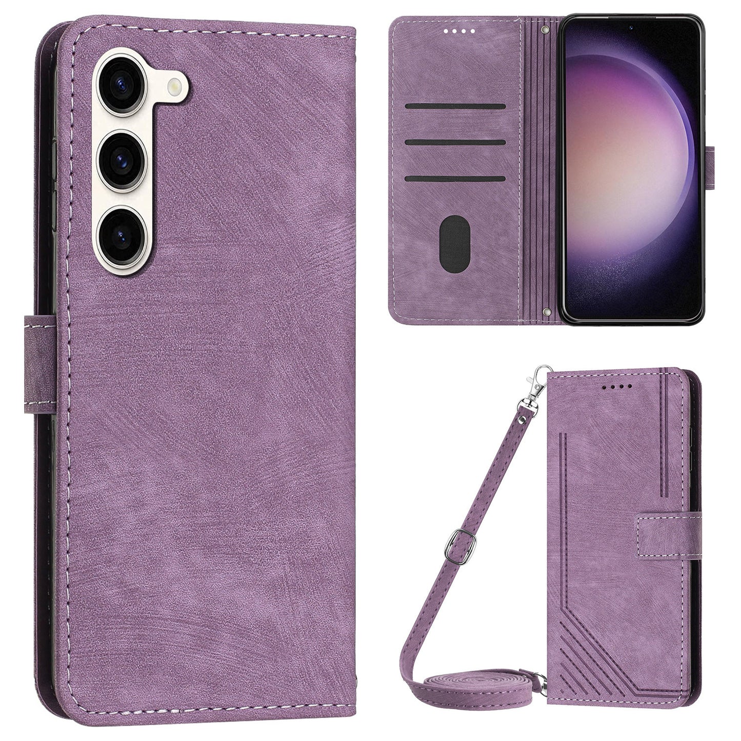For Samsung Galaxy S23 PU Leather Wallet Folio Case Lines Imprinted Stand Phone Cover with Shoulder Strap