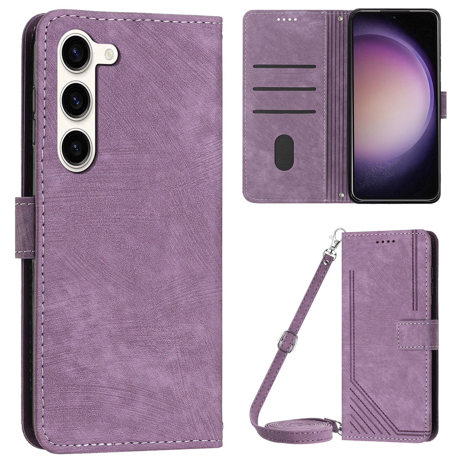 For Samsung Galaxy S23 PU Leather Wallet Folio Case Lines Imprinted Stand Phone Cover with Shoulder Strap