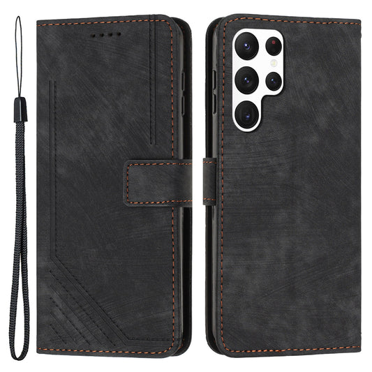 For Samsung Galaxy S22 Ultra 5G Anti-Drop Phone Case Skin-Touch Lines Imprinted PU Leather Wallet Cover