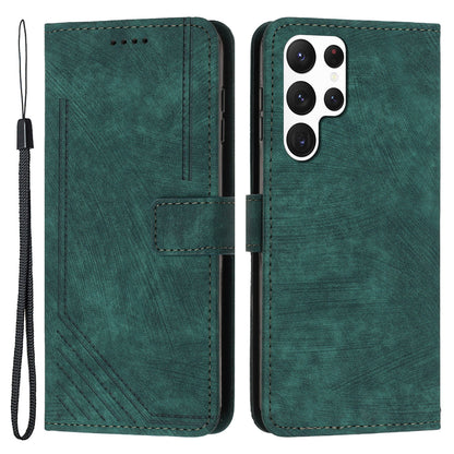 For Samsung Galaxy S22 Ultra 5G Anti-Drop Phone Case Skin-Touch Lines Imprinted PU Leather Wallet Cover