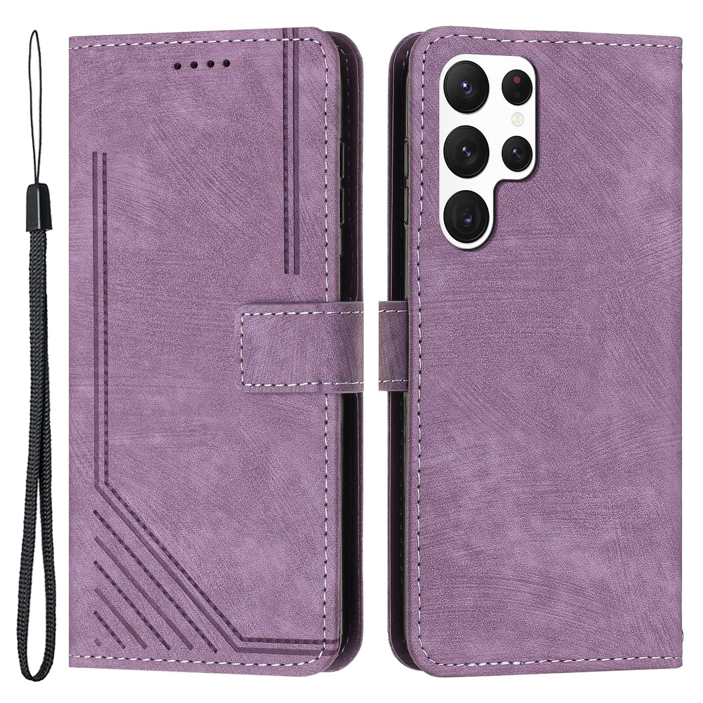 For Samsung Galaxy S22 Ultra 5G Anti-Drop Phone Case Skin-Touch Lines Imprinted PU Leather Wallet Cover