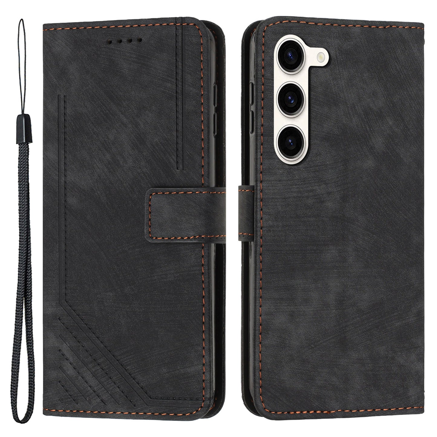 PU Leather Phone Cover for Samsung Galaxy S23 Skin-Touch Lines Imprinted Wallet Phone Case with Stand
