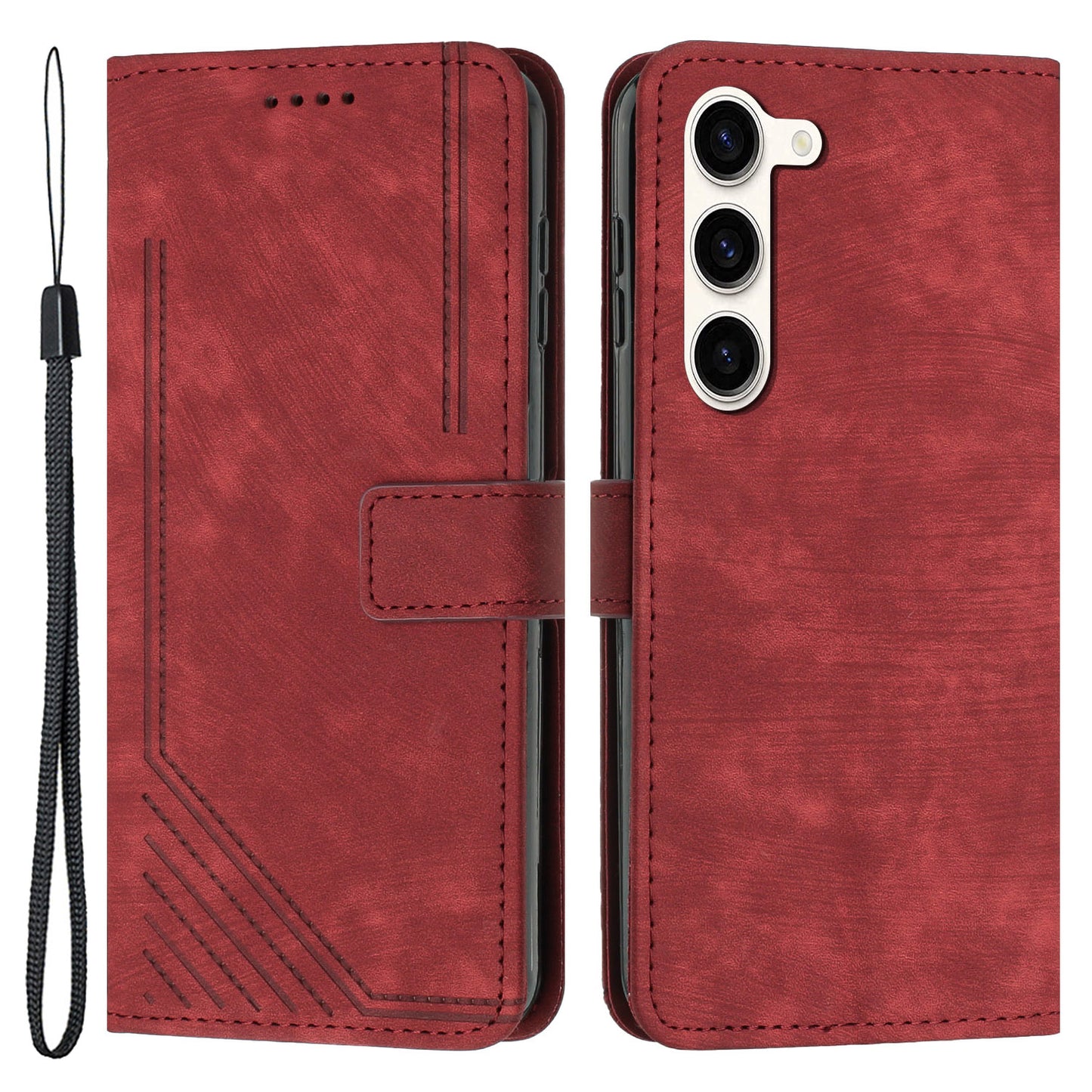 PU Leather Phone Cover for Samsung Galaxy S23 Skin-Touch Lines Imprinted Wallet Phone Case with Stand