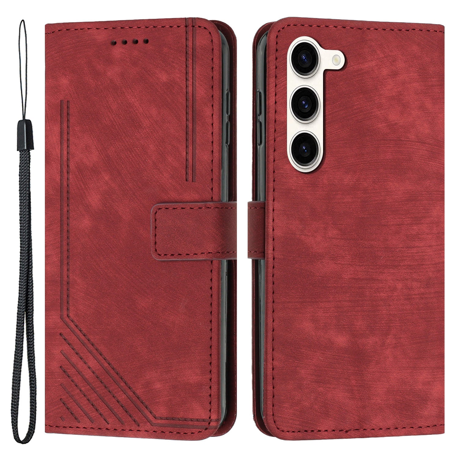 PU Leather Phone Cover for Samsung Galaxy S23 Skin-Touch Lines Imprinted Wallet Phone Case with Stand