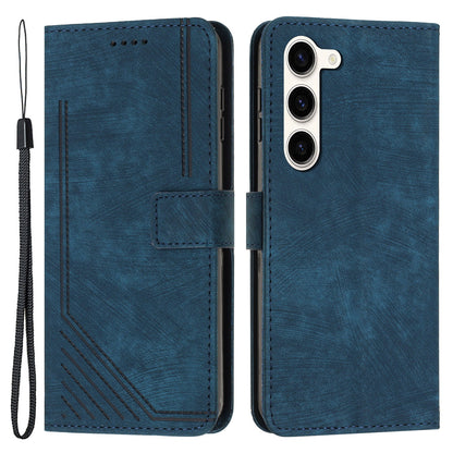 PU Leather Phone Cover for Samsung Galaxy S23 Skin-Touch Lines Imprinted Wallet Phone Case with Stand