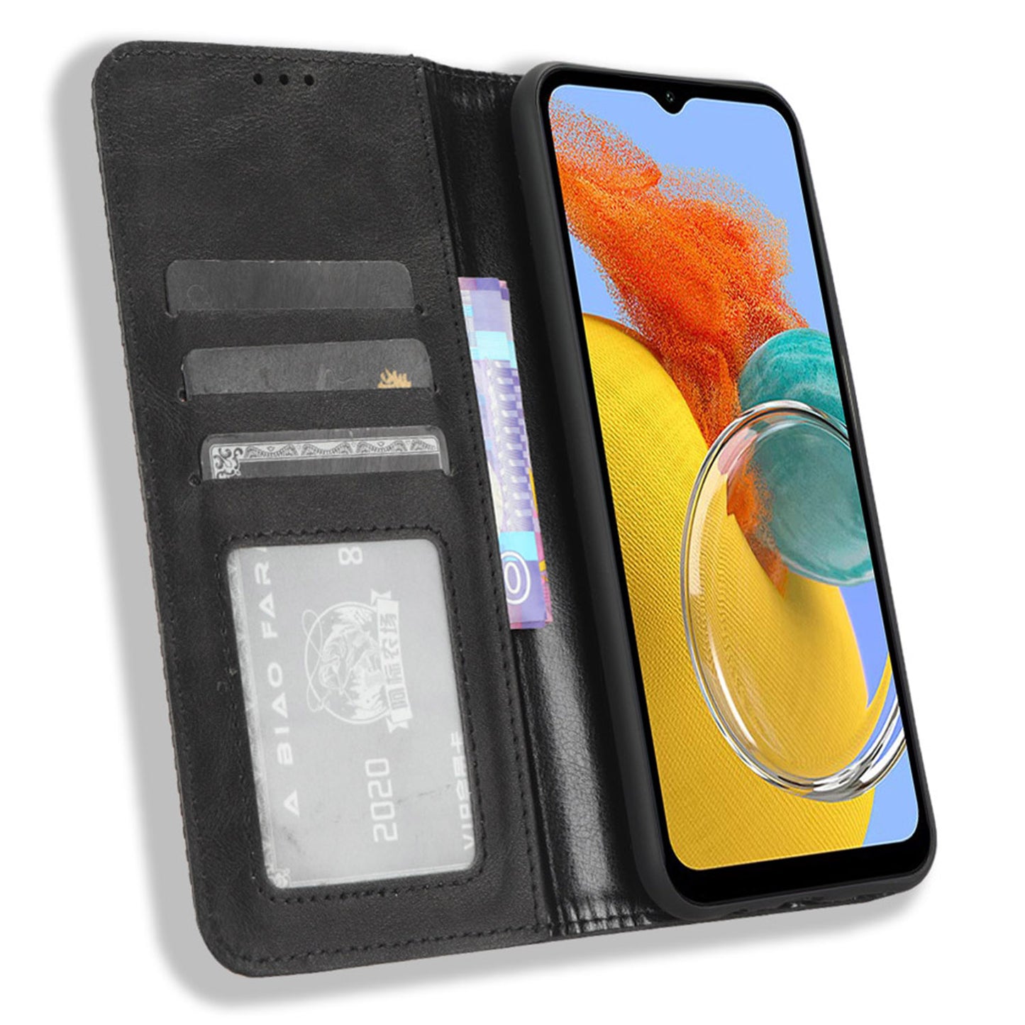 For Samsung Galaxy M14 5G Retro Phone Case PU Leather Phone Stand Wallet Protective Cover