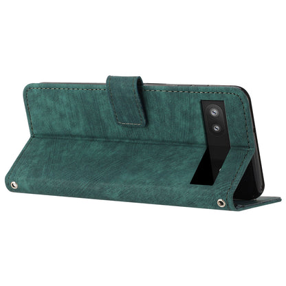 For Google Pixel 7a PU Leather Skin-touch Protective Cover Lines Imprint Wallet Stand Phone Case with 2 Straps