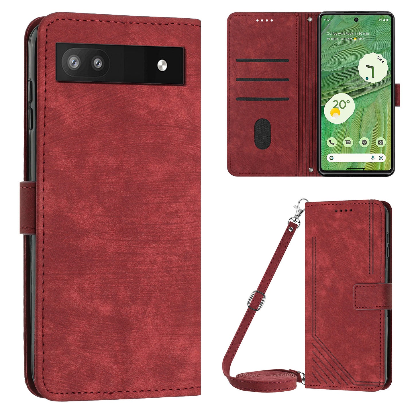 For Google Pixel 7a PU Leather Skin-touch Protective Cover Lines Imprint Wallet Stand Phone Case with 2 Straps
