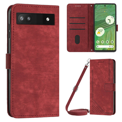 For Google Pixel 7a PU Leather Skin-touch Protective Cover Lines Imprint Wallet Stand Phone Case with 2 Straps