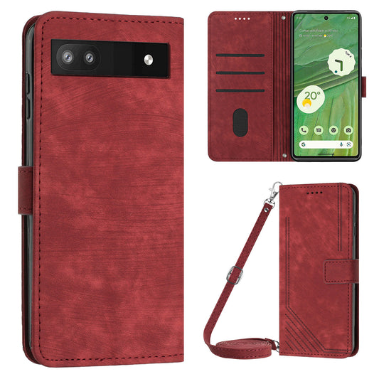 For Google Pixel 7a PU Leather Skin-touch Protective Cover Lines Imprint Wallet Stand Phone Case with 2 Straps