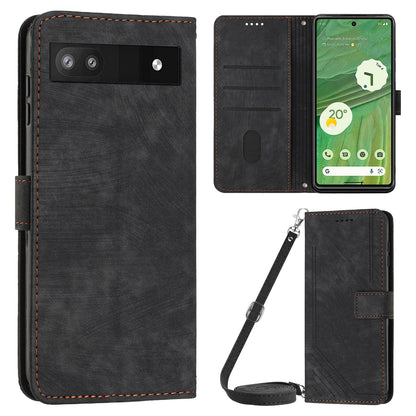 For Google Pixel 7a PU Leather Skin-touch Protective Cover Lines Imprint Wallet Stand Phone Case with 2 Straps