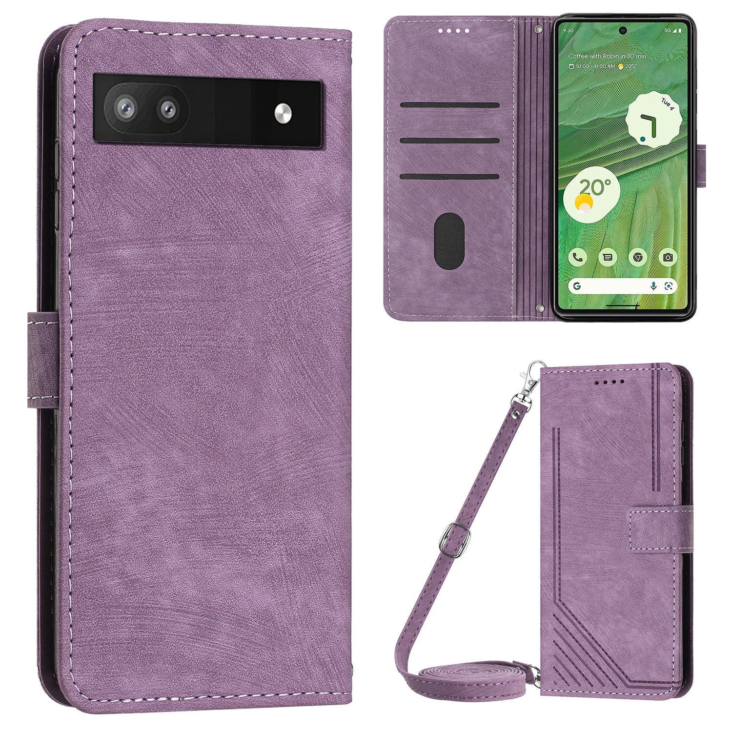 For Google Pixel 7a PU Leather Skin-touch Protective Cover Lines Imprint Wallet Stand Phone Case with 2 Straps