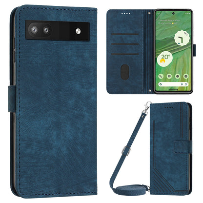 For Google Pixel 7a PU Leather Skin-touch Protective Cover Lines Imprint Wallet Stand Phone Case with 2 Straps
