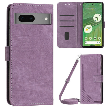 For Google Pixel 7 5G PU Leather Phone Case Lines Imprinted Stand Wallet Cover with 2 Straps