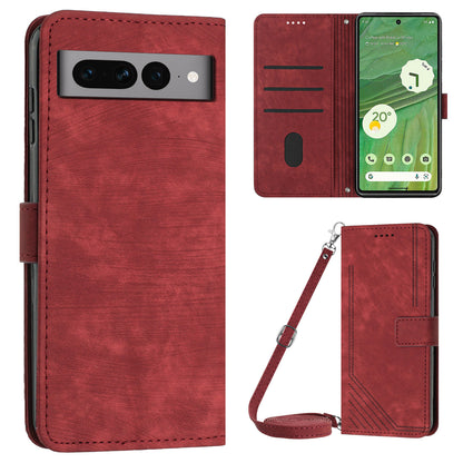For Google Pixel 7 Pro 5G PU Leather Drop-proof Case Lines Imprint Flip Stand Wallet Phone Cover with 2 Straps