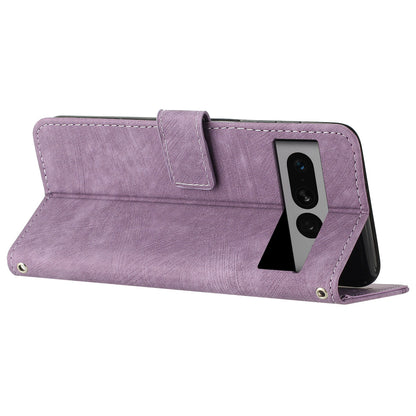 For Google Pixel 7 Pro 5G PU Leather Drop-proof Case Lines Imprint Flip Stand Wallet Phone Cover with 2 Straps