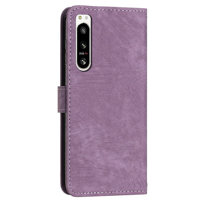 For Sony Xperia 5 IV 5G Lines Imprint Phone Case PU Leather Wallet Stand Anti-drop Cover with Shoulder+Wrist Strap