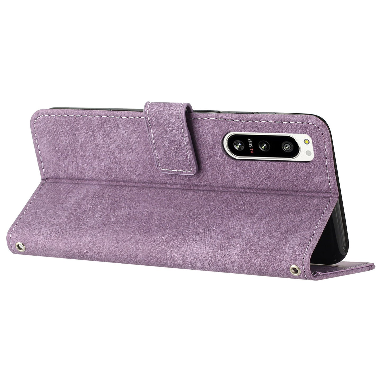 For Sony Xperia 5 IV 5G Lines Imprint Phone Case PU Leather Wallet Stand Anti-drop Cover with Shoulder+Wrist Strap