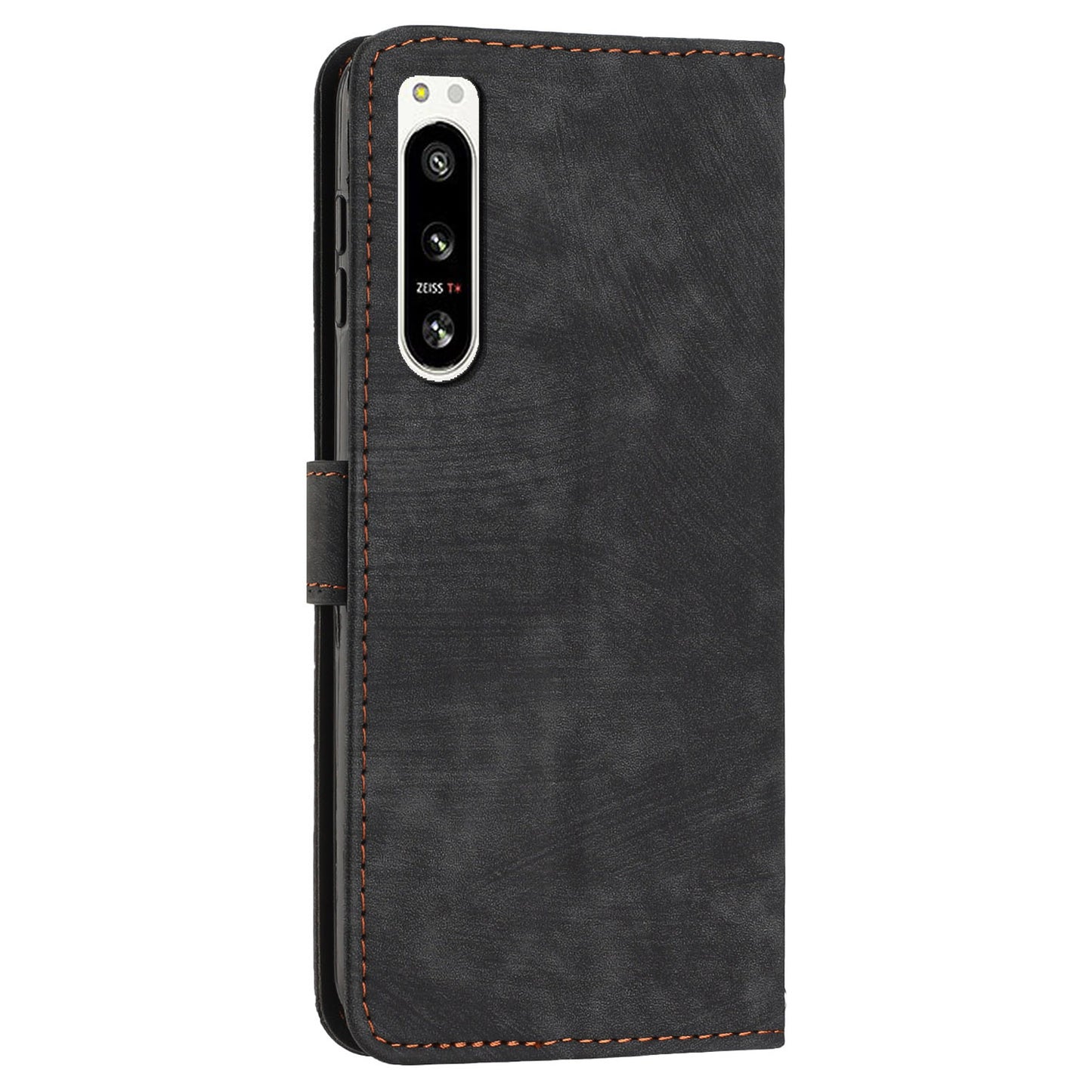 For Sony Xperia 5 IV 5G Lines Imprint Phone Case PU Leather Wallet Stand Anti-drop Cover with Shoulder+Wrist Strap