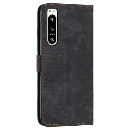 For Sony Xperia 5 IV 5G Lines Imprint Phone Case PU Leather Wallet Stand Anti-drop Cover with Shoulder+Wrist Strap