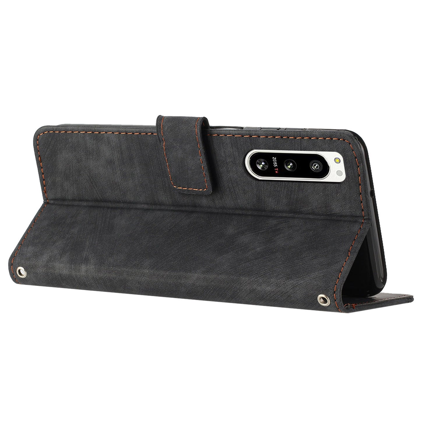 For Sony Xperia 5 IV 5G Lines Imprint Phone Case PU Leather Wallet Stand Anti-drop Cover with Shoulder+Wrist Strap