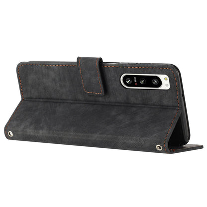For Sony Xperia 5 IV 5G Lines Imprint Phone Case PU Leather Wallet Stand Anti-drop Cover with Shoulder+Wrist Strap