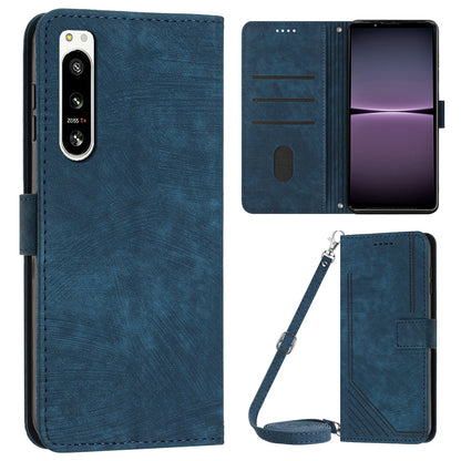 For Sony Xperia 5 IV 5G Lines Imprint Phone Case PU Leather Wallet Stand Anti-drop Cover with Shoulder+Wrist Strap