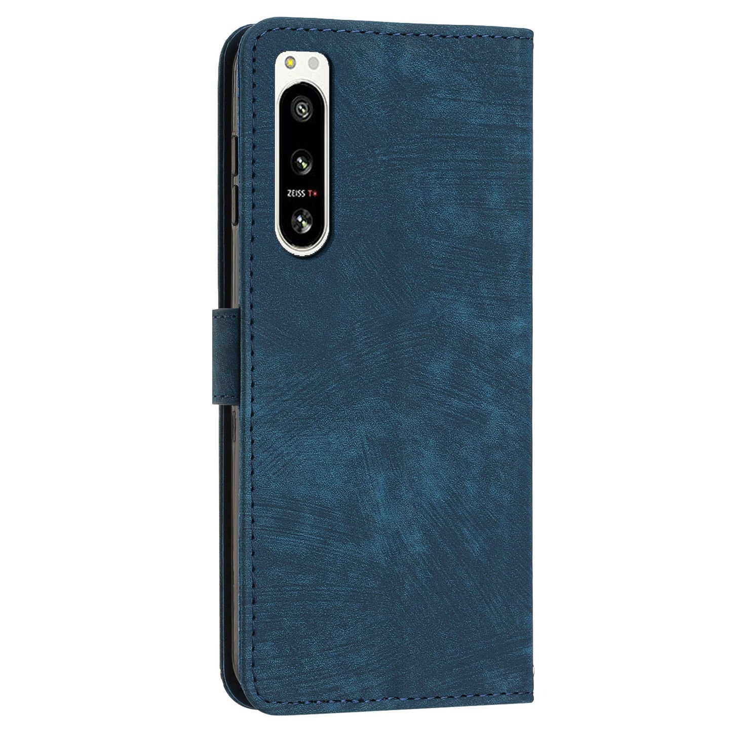 For Sony Xperia 5 IV 5G Lines Imprint Phone Case PU Leather Wallet Stand Anti-drop Cover with Shoulder+Wrist Strap
